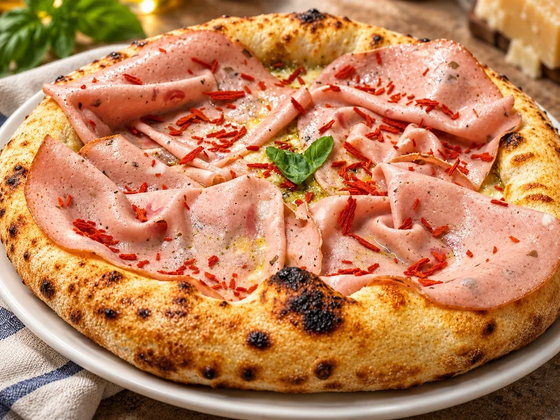 Pizza bianca con salumi e basilico, immagine rielaborata